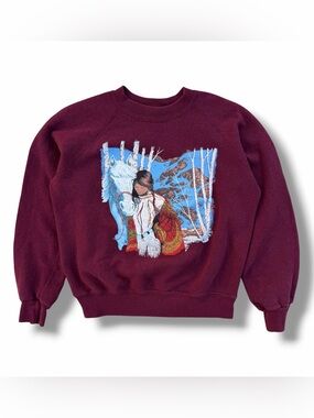 Vintage 80s Native American Horse Sweatshirt Bassett Walker Burgundy Medium